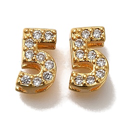 Rack Plating Number Brass Micro Pave Clear Cubic Zirconia Silde Charms, Long-Lasting Plated, Lead Free & Cadmium Free, Large Hole Bead, Real 18K Gold Plated, 8.8x5.5x4.5mm, Hole: 6.5x1.5mm(KK-A231-13F)