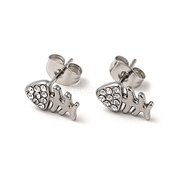 Rhinestone Fishbone Stud Earrings with 316 Surgical Stainless Steel Pins, Stainless Steel Color Plated 304 Stainless Steel Jewelry for Women, Crystal, 10.5x6mm, Pin: 0.7mm(EJEW-A081-13P-02)