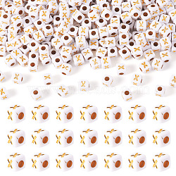 Opaque Acrylic Beads, with Metal Enlaced, Cube, Letter X, 4.5x4.5x4.5mm, Hole: 2mm(MACR-TAG0001-07X)