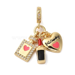 Rack Plating Brass Micro Pave Clear Cubic Zirconia Enamel European Dangle Charms, Heart & Perfume Bottle & Lipstick Large Hole Pendants, Cadmium Free & Lead Free, Long-Lasting Plated, Real 18K Gold Plated, 26mm, Hole: 5mm(KK-P279-45G)