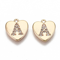 Brass Micro Pave Clear Cubic Zirconia Charms, Nickel Free, Real 18K Gold Plated, Flat Heart, Letter.A, 10x10x1mm, Hole: 1mm(KK-N231-234A-NF)