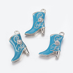 Alloy Enamel Pendants, Cadmium Free & Lead Free, with Rhinestones, Platinum Color, Boot, Deep Sky Blue, about 16mm wide, 21mm long, hole: 1mm(X-E516-1)