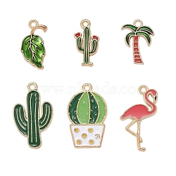 60Pcs 6 Styles Alloy Enamel Pendants, Light Gold, Lead Free & Cadmium Free, Cactus & Coconut Tree & Flaming & Leaf Shape, Mixed Color, 25x15x1.5mm, Hole: 1.6mm, 10Pcs/Style(X1-ENAM-LS0001-04LG)