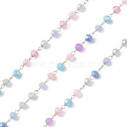 Handmade Glass Beaded Chains, Faceted, Unwelded, with 304 Stainless Steel Chains, Golden, Round, Colorful, 3x2.5mm(CHS-P016-46G-03)
