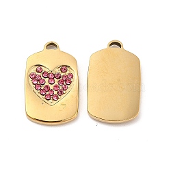 Vacuum Plating 201 Stainless Steel with Rhinestone Pendants, Real 18K Gold Plated, Rectangle with Heart Pattern Charms, Rose, 20x12.5x2mm, Hole: 1.2x2.5mm(STAS-J401-VC1037)