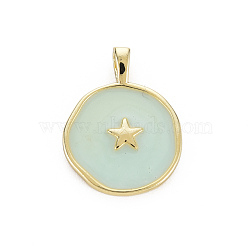 Brass Enamel Pendants, Cadmium Free & Nickel Free & Lead Free, Real 16K Gold Plated, Flat Round with Star, Aquamarine, 20.5x15.5x4.5mm, Hole: 2.5x3mm(KK-Q283-057J-NR)