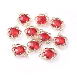Glass Links connectors, with Eco-Friendly Alloy Open Back Berzel Findings, Faceted, Flower, Light Gold, Red, 15.5x12x3mm, Hole: 1.4mm(GLAA-A037-B-07KC)