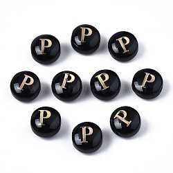 Handmade Lampwork Beads, with Golden Plated Brass Etched Metal Embellishments, Flat Round with Alphabet, Letter.P, 8x5mm, Hole: 0.8mm(LAMP-S196-001P)