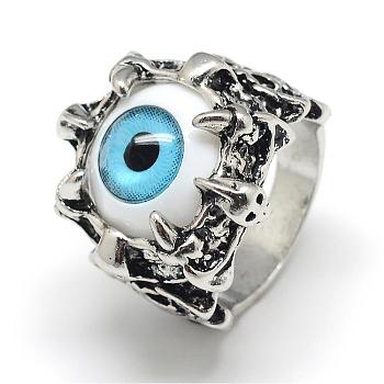 Alloy Resin Finger Rings, Wide Band Rings, Eye, Antique Silver, Size 10, Light Sky Blue, 20mm