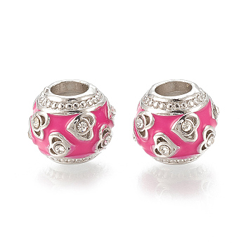 Alloy European Beads, Large Hole Beads, with Rhinestone and Enamel, Rondelle, Platinum, Crystal, Hot Pink, 11x10mm, Hole: 4.5mm