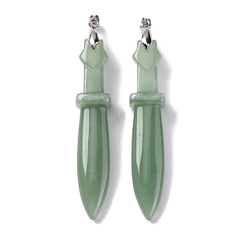 Natural Green Aventurine Big Pendants, Sword Charms, with Rack Plating Platinum Tone Brass Snap on Bails, Lead Free & Cadmium Free, 69.5x14.5x12.5mm, Hole: 6x4mm