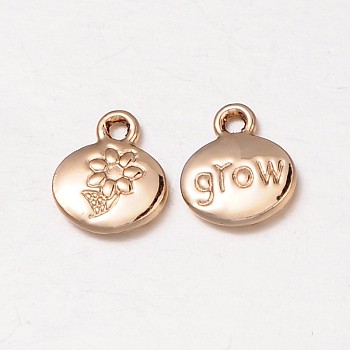 Lead Free & Nickel Free Alloy Oval Charms, Long-Lasting Plated, with Flower Pattern and Word Grow, Light Gold, 13x11.5x2.5mm, Hole: 2mm