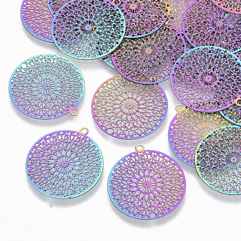 Ion Plating(IP) 201 Stainless Steel Filigree Pendants, Etched Metal Embellishments, Kaleidoscope, Rainbow Color, 22x20x0.3mm, Hole: 1.2mm