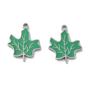 304 Stainless Steel Enamel Pendants, Maple Leaf Charm, Stainless Steel Color, Sea Green, 16x13x1.5mm, Hole: 1.4mm