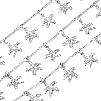 Rack Plating 304 Stainless Steel Bar Link Chain, with Starfish Charm, Soldered, with Spool, Stainless Steel Color, 14x2.5x1mm, about 16.40 Feet(5m)/Roll