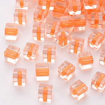 Transparent Acrylic Beads, Cube, Orange, 8x7.5x7.5mm, Hole: 1.8mm, about 900pcs/500g