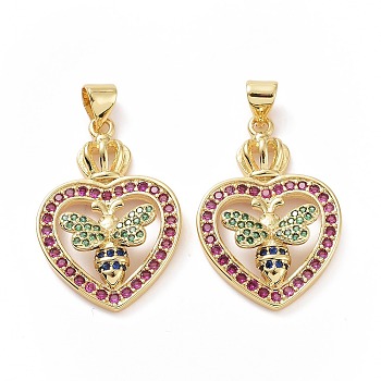 Brass Cubic Zirconia Pendants, Heart with Bees Charm, Golden, 27x18x6mm, Hole: 3x5mm