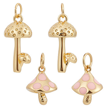 8Pcs 2 Style Brass Pendants, with Enamel, Mushroom, Real 18K Gold Plated, 12~20x9.5~10x8.5~9.5mm, Hole: 3mm, 4pcs/style