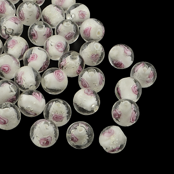 Handmade Luminous Inner Flower Lampwork Beads, Round, White, 9~10mm, Hole: 1~2mm