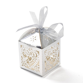 Laser Cut Paper Hollow Out Heart & Flowers Candy Boxes, Square with Ribbon, for Wedding Baby Shower Party Favor Gift Packaging, White, 5x5x7.6cm