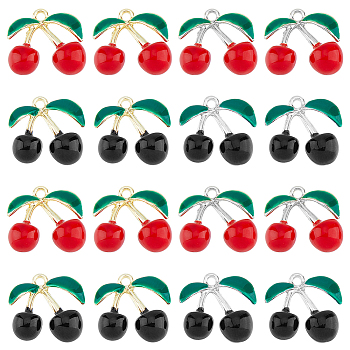 16Pcs 4 Styles Rack Plating Alloy Enamel Pendants, Cherry Charms, Mixed Color, 14.5x15x7mm, Hole: 1.4mm, 4pcs/style