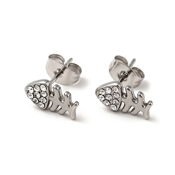 Rhinestone Fishbone Stud Earrings with 316 Surgical Stainless Steel Pins, Stainless Steel Color Plated 304 Stainless Steel Jewelry for Women, Crystal, 10.5x6mm, Pin: 0.7mm