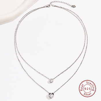925 Sterling Silver Cable Chains Double Layer Necklaces, with Cubic Zirconia Heart Charms, with S925 Stamp, Silver, 17.72 inch(45cm)
