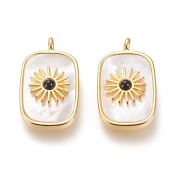 Natural White Shell Pendants, with Natural Black Agate and Brass Findings, Long-Lasting Plated, Real 18K Gold Plated, Rectangle with Sun, 27x16.8x6mm, Hole: 3mm