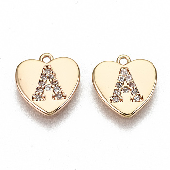 Brass Micro Pave Clear Cubic Zirconia Charms, Nickel Free, Real 18K Gold Plated, Flat Heart, Letter.A, 10x10x1mm, Hole: 1mm