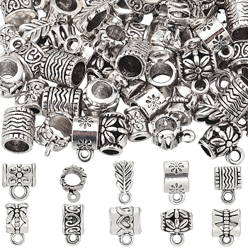 100Pcs 10 Style Tibetan Style Alloy Tube Bails, Loop Bails, Flower & Heart & Leaf & Butterfly & Column, Antique Silver, 7.5~14x5.5~9x4.5~9mm, Hole: 1.4~3mm, 10pcs/style