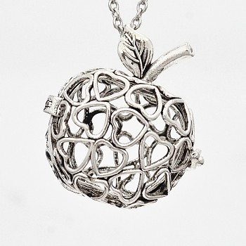 Hollow Brass Apple Cage Pendants, For Chime Ball Pendant Necklaces Making, Antique Silver, 32x29x20.5mm, Hole: 3.5x7mm, inner diameter: 20x21mm