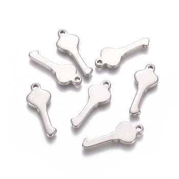 201 Stainless Steel Pendants, Key, Stainless Steel Color, 25x10x2mm, Hole: 2mm