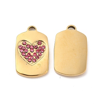 Vacuum Plating 201 Stainless Steel with Rhinestone Pendants, Real 18K Gold Plated, Rectangle with Heart Pattern Charms, Rose, 20x12.5x2mm, Hole: 1.2x2.5mm