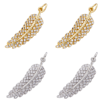 4Pcs 2 Colors Brass Micro Pave Clear Cubic Zirconia Pendants, with Jump Ring, Feather Charm, Platinum & Golden, 28x9x3.5mm, Hole: 3.5mm, 2pcs/color