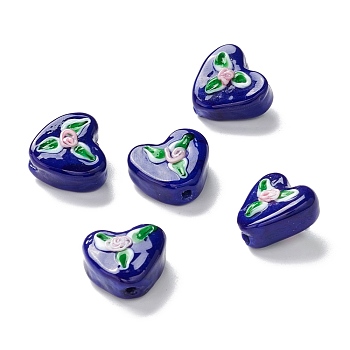 Handmade Lampwork Beads, Heart with Flower, Dark Blue, 14~15x16~16.5x9~10mm, Hole: 2~3mm