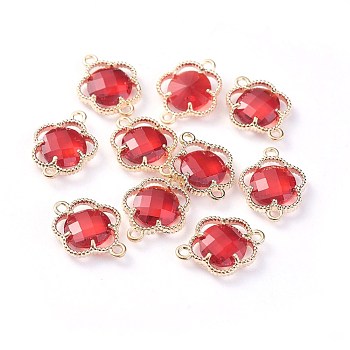 Glass Links connectors, with Eco-Friendly Alloy Open Back Berzel Findings, Faceted, Flower, Light Gold, Red, 15.5x12x3mm, Hole: 1.4mm