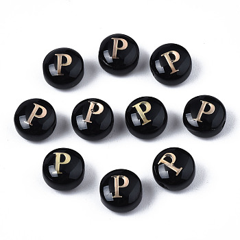 Handmade Lampwork Beads, with Golden Plated Brass Etched Metal Embellishments, Flat Round with Alphabet, Letter.P, 8x5mm, Hole: 0.8mm