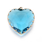 Transparent Glass Pendants, Heart, with Brass Edge, Faceted, Sky Blue, 30~32x28~28.5x8.5~9.5mm, Hole: 2.2~2.4mm(KK-N283-01D-G)