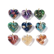 Epoxy Resin Dyed Synthetic Imperial Jasper Pendants, Heart Charms with Golden Plated Brass Loops, Mixed Color, 16.5~18x16x6~7mm, Hole: 1.8mm(G-P529-03G)