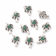 Brass Micro Pave Green Cubic Zirconia Charms, with Jump Rings, Long-Lasting Plated, Coconut Tree, Antique Silver, 12.5x9.5x3mm, Jump Ring: 4x0.5mm, Inner Diameter: 2.5mm(ZIRC-A016-05AS)