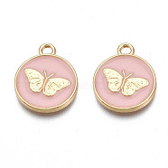 Alloy Enamel Pendants, Cadmium Free & Nickel Free & Lead Free, Light Gold, Flat Round with Butterfly, Pink, 18x15x2mm, Hole: 2mm(PALLOY-N170-002D-NR)