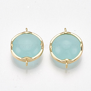 Brass Links connectors, with Glass, Flat Round, Nickel Free, Real 18K Gold Plated, Pale Turquoise, 15x11.5x5.5mm, Hole: 1mm(KK-S350-395D)