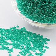 11/0 Grade A Transparent Glass Seed Beads, Round, Light Sea Green, 2x1.5mm, Hole: 0.8mm, about 3000pcs/50g(X-SEED-Q006-F20)
