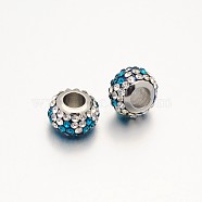 Nice Large Hole Rondelle 304 Stainless Steel Polymer Clay Pave Two Tone Rhinestone European Beads, Stainless Steel Color, Blue Zircon & Crystal, 12x7mm, Hole: 5mm(CPDL-N008-01A)
