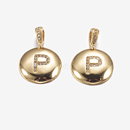 Brass Pendants, with Cubic Zirconia, Cadmium Free & Lead Free, Flat Round with Letter, Golden, Letter.P, 22mm, Hole: 2x3mm, Pendant: 15x3mm(KK-K194-P-G-RS)