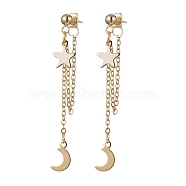 Moon & Star 304 Stainless Steel Front Back Stud Earrings, Brass Cable Chains Tassel Stud Earrings, Real 18K Gold Plated, 51x4mm(EJEW-JE05544)