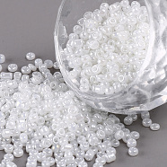 12/0 Glass Seed Beads, Ceylon, Round, Round Hole, White, 12/0, 2mm, Hole: 1mm, about 3333pcs/50g, 50g/bag, 18bags/2pounds(SEED-US0003-2mm-141)
