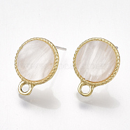 Alloy Stud Earring Findings, with Raw(Unplated) Pins, Resin and Loop, Flat Round, Light Gold, White, 15x11.5mm, Hole: 2mm, Pin: 0.7mm(PALLOY-S177-43F)