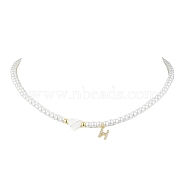 Brass Micro Pave Grade AAA Cubic Zirconia Letter Pendant Necklaces, Heart & Round Baking Painted Pearlized Glass Pearl Beaded Necklaces for Women, Letter H, 15.20 inch(38.6cm)(NJEW-JN04771-08)