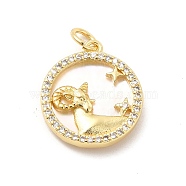 Brass Clear Cubic Zirconia with Shell Pendants, Flat Round Charms with Constellation Pattern, Golden, Capricorn, 17x15x3mm, Hole: 3mm(KK-G450-02G-07)